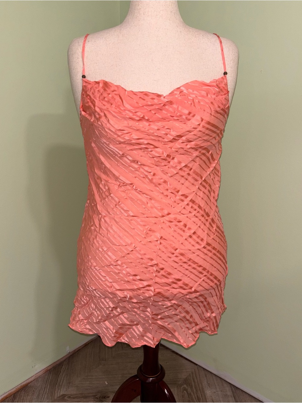 VTG Valerie Stevens 100% Silk Pink Mini Slip Dress Cowl Neck Sheer Women’s L